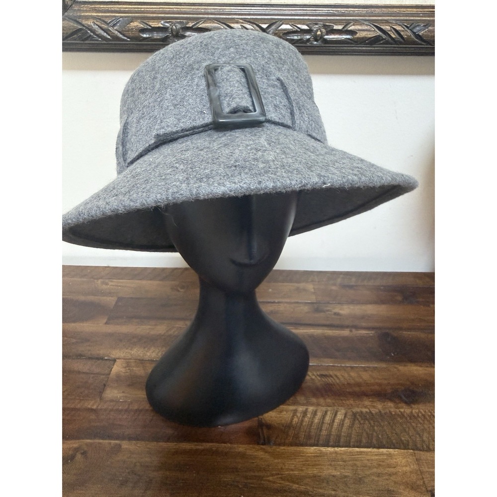 Nine West Gray Wool Felt Bucket Cloche Hat Wide Brim Buckle Women's Classic